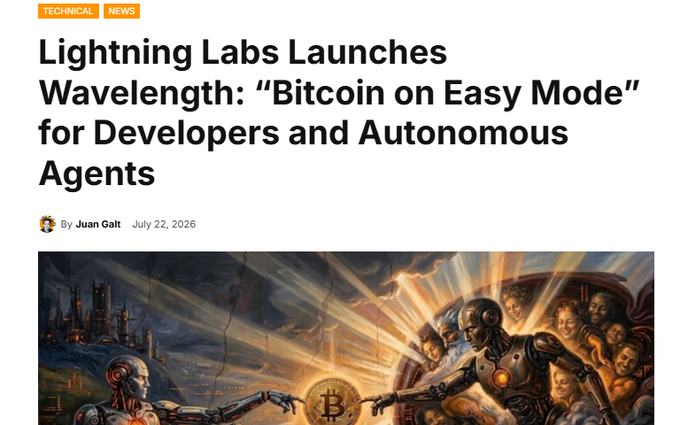 News article headline: 'Lightning Labs Launches Wavelength: "Bitcoin on Easy Mode" for Developers and Autonomous Agents' by Juan Galt, dated July 22, 2026, with a featured image showing a robot and human reaching toward a Bitcoin logo.