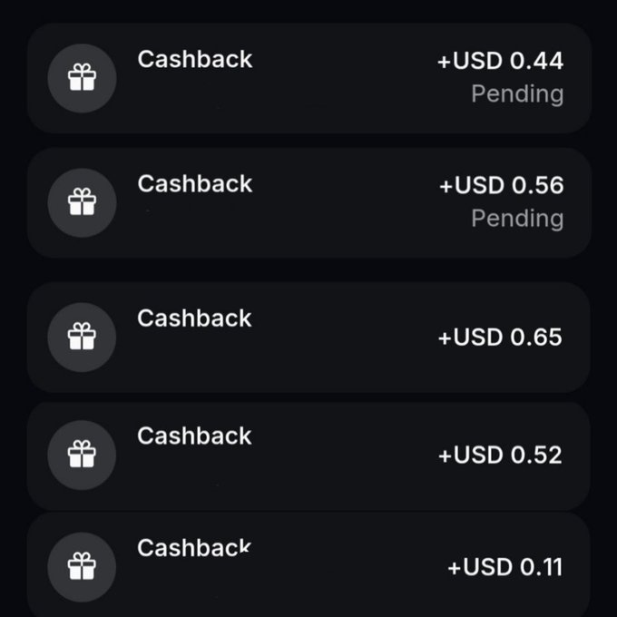 A screenshot showing multiple pending cashback rewards from the Jupiter crypto card, including entries of +USD 0.44, +USD 0.56, +USD 0.65, +USD 0.52, and +USD 0.11, serving as proof of the platform's cashback earnings highlighted in the accompanying promotion.
