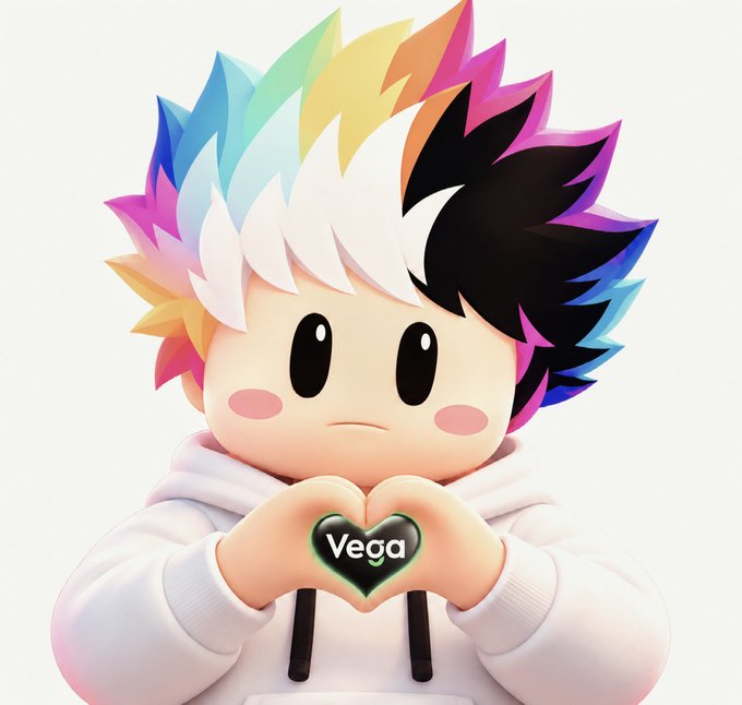3D-rendered cartoon character with rainbow-colored spiky hair holding a heart-shaped badge that says 'Vega' against a white background.