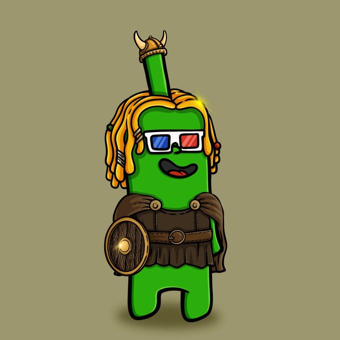 A cartoon green alien character with blonde dreadlocks, a Viking helmet with horns, 3D glasses, and warrior armor holds a wooden shield, matching the stylized NFT art style referenced in the post about the upcoming "Market Players" collection dropping on August 4th via OpenSea.