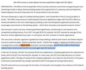 The image shows a news article titled "New FDIC process to review deposit insurance applications aligns with OCC efforts," discussing the OCC's approval of crypto firms like digital asset companies to become national banks, with quotes from Comptroller Jonathan Gould and references to the OCC receiving 40 de novo applications in the past 18 months. The article directly supports the post's claim by reporting the OCC's new process to approve crypto-related entities as national banks, marking a significant regulatory shift toward legitimizing digital asset businesses within the traditional banking system.