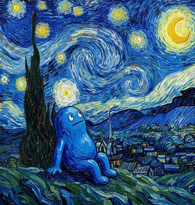 A digital art piece blending Vincent van Gogh's 'The Starry Night' style with a sad, melancholic blue creature sitting in the foreground, replacing the original village scene.