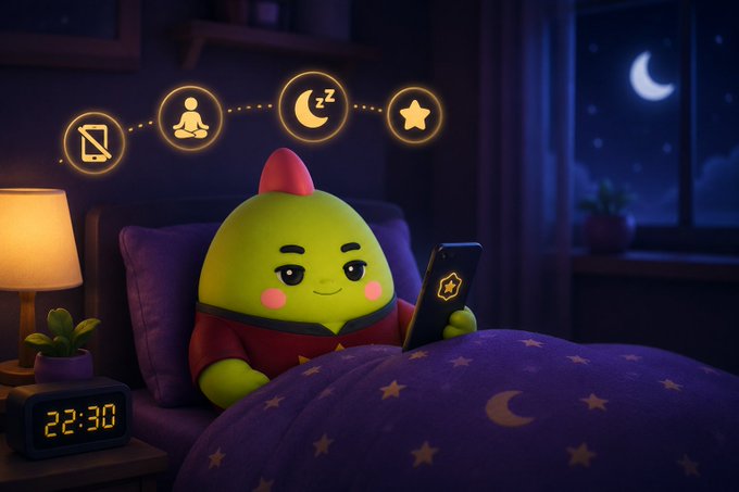 A 3D-rendered green character in pajamas lying in bed at night, looking at a phone displaying a star icon, with a digital clock showing 22:30 and sleep-themed icons floating above.
