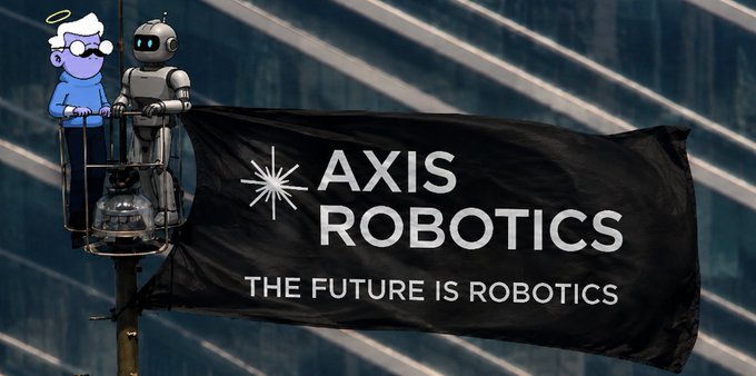 A black flag bearing the text "AXIS ROBOTICS - THE FUTURE IS ROBOTICS" waves in the foreground, with a humanoid robot and a cartoon character in a blue shirt and glasses perched behind it.