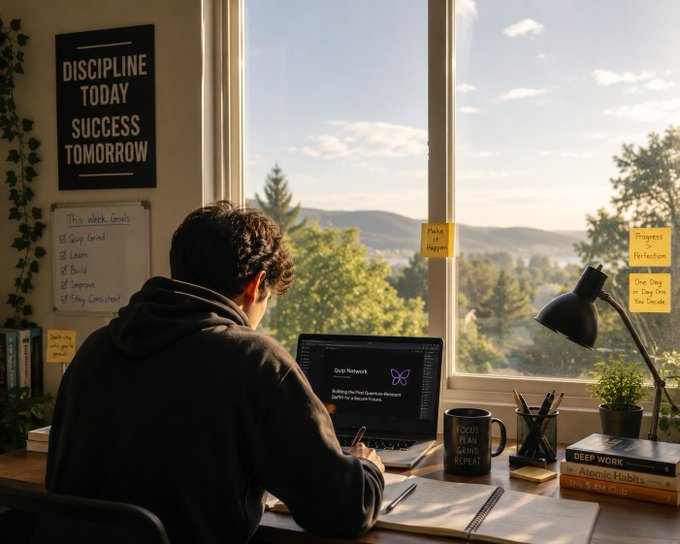 An anime-style illustration of a person studying at a desk by a window with a motivational poster reading 'DISCIPLINE TODAY SUCCESS TOMORROW', working on a laptop displaying 'Onyx Network'.