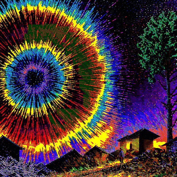 The image features a colorful, tie-dye painting of a house with a tree next to it. The painting has a large, vibrant circle in the center that appears to be radiating outwards from the house. The colors used are predominantly blue, green, and yellow, creating a visually striking effect. The post also mentions that this artwork is being sold for Ξ0.1 to antxx25.eth.