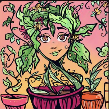 A vibrant illustration depicts a woman with flowing plant-like green hair sprouting leaves and flowers, growing from a pink pot, set against a sunset gradient background with additional potted plants around her. The image visually reinforces the post's theme of growth and building by portraying the character as a plant flourishing in a pot, symbolizing nurturing one's investment in @theinkedminkNFT for continued artistic development.