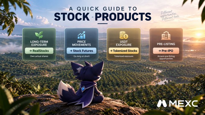 A promotional graphic titled 'A QUICK GUIDE TO STOCK PRODUCTS' from MEXC displays four options—RealStocks, Stock Futures, Tokenized Stocks, and Pre-IPO—with a cartoon character sitting on a cliff overlooking a landscape.