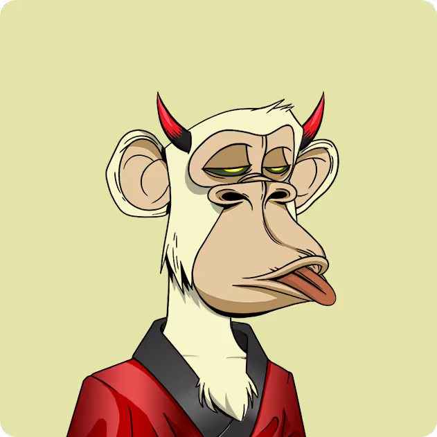 The image features a cartoon depiction of a white monkey wearing a red shirt with black trim and horns sticking out of its head, giving it a devilish appearance. The background appears to be yellow or orange, which contrasts with the white fur on the monkey's body. The caption "If you're a monkey. But I didn't follow you, that'S my problem. Please leave a message for me to follow Are you a monkey? bored ape yacht club" is written in black text at the bottom of the image.
