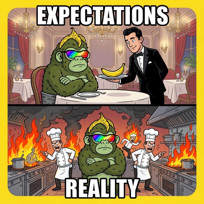 A two-panel meme labeled "EXPECTATIONS" vs "REALITY" featuring a rainbow-goggle-wearing gorilla being served bananas in an elegant restaurant versus a chaotic kitchen on fire with panicking chefs.