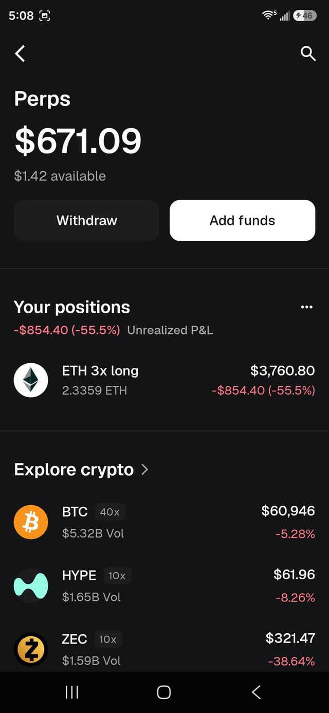 The image features a cell phone screen displaying several cryptocurrency trading applications, with one of them having "perps" written at the top left corner. The main focus of the image appears to be an ETS trading application's details, which include information about different cryptocurrencies and their current prices. Additionally, there are a couple of other cryptocurrencies listed as well.