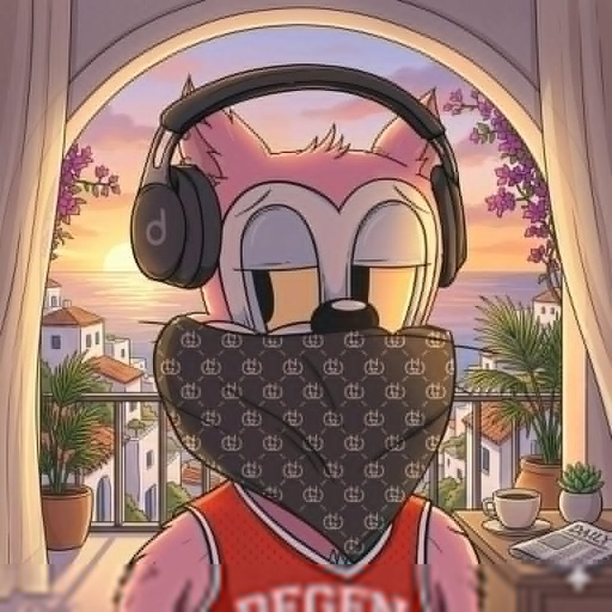 A pink cartoon fox character wearing headphones and a designer-patterned bandana stands on a balcony overlooking a Mediterranean coastline at sunset.