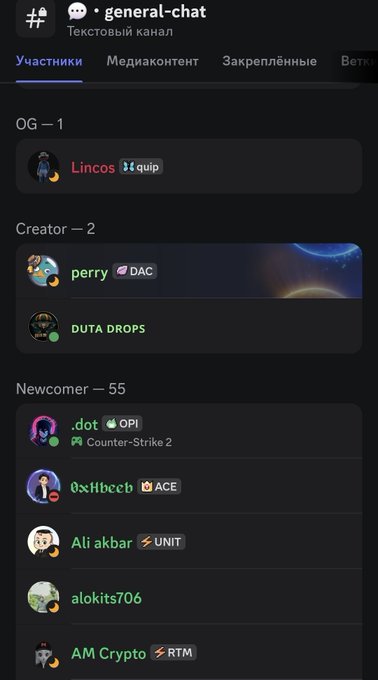 A Discord server interface showing the '#general-chat' text channel with members organized into categories like 'OG', 'Creator', and 'Newcomer'.