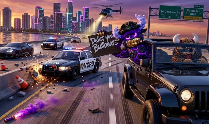 A vibrant digital illustration depicts a chaotic highway scene with VCPD police cars pursuing a jeep driven by a Viking-helmeted character, while a purple-skinned pirate creature holds up a sign reading 'Delist your Bullbears' near highway signs for 'SolOnChain St' and 'BullBears Blvd'.