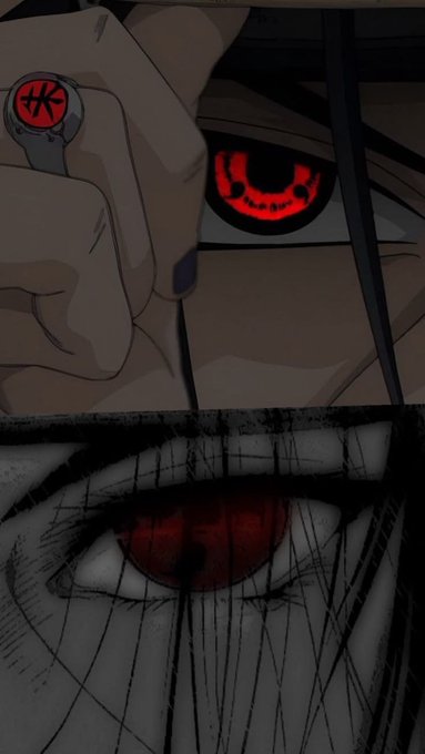 An anime-style illustration featuring two panels: a hand holding a remote-like device with a red symbol, and a close-up of a menacing eye with a red Sharingan-like pattern.