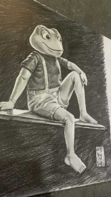 A detailed graphite sketch depicts an anthropomorphic frog character wearing a t-shirt and shorts with suspenders, sitting casually on a ledge with bare feet dangling. The artwork is signed "Art by Sols" in the bottom right corner and visually represents the TOAD character referenced in the post's cryptocurrency promotion of $TOAD and the #toadarmy community.