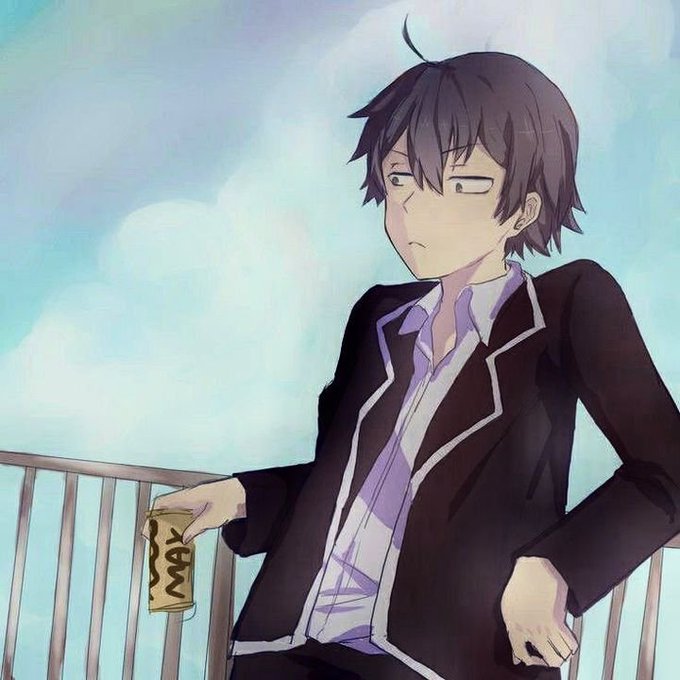 An anime-style illustration of a young man with dark hair in a school uniform holding a yellow can, leaning against a railing against a cloudy sky.