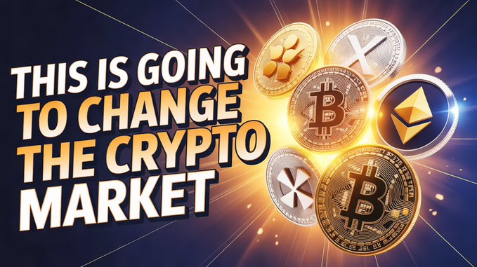 A promotional crypto thumbnail reads “THIS IS GOING TO CHANGE THE CRYPTO MARKET” beside glowing Bitcoin, XRP, HBAR, and Ethereum-style coin graphics. It visually supports the accompanying claim that “XRP And HBAR Get A Major Boost” as Bitcoin and crypto gain worldwide attention.