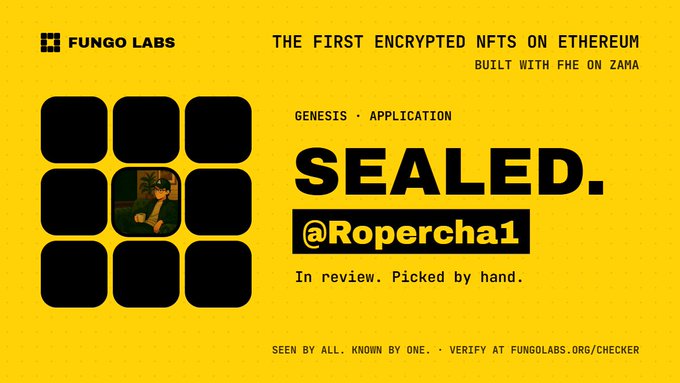 A promotional graphic by Fungo Labs highlights "THE FIRST ENCRYPTED NFTS ON ETHEREUM, BUILT WITH FHE ON ZAMA," featuring a sample sealed NFT tagged "@Ropercha1" marked as "In review. Picked by hand" with verification at fungolabs.org/checker, visually supporting the post's emphasis on privacy in Web3.