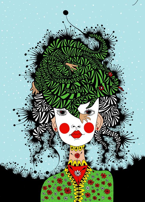 A stylized illustration depicts a figure with a white face, red lips, and red cheeks, whose 'hair' is a green coiled dragon or snake pattern, surrounded by black thistle-like flowers against a light blue background.