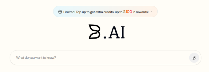 Search interface for 'B.AI' featuring a limited-time banner offering up to $100 in rewards for extra credits.
