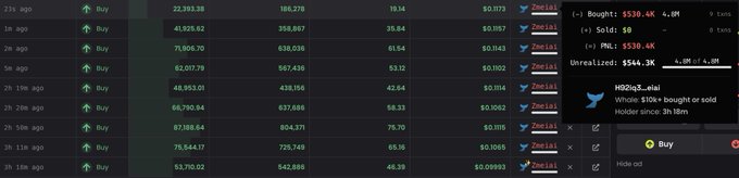 A cryptocurrency trading interface showing a transaction history with various buy orders and an active order panel on the right for H2O(S_Mal) trading.