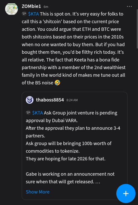 A mobile app screenshot of a social media post by 'ZOMBie1' discussing $KTA cryptocurrency and mentioning 'thaboss8854' who comments on an 'Ask Group' joint venture.