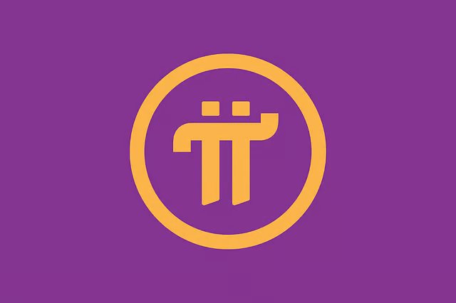 A Pi Network (PI) cryptocurrency logo displayed in orange on a purple background.