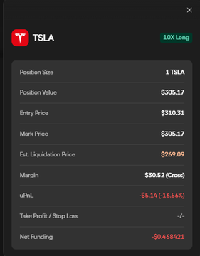 A position details modal for a 10X Long TSLA (Tesla) trade showing position size of 1 TSLA, entry price $310.31, mark price $305.17, estimated liquidation price $249.09, and uPnL of -$5.14 (-16.56%).