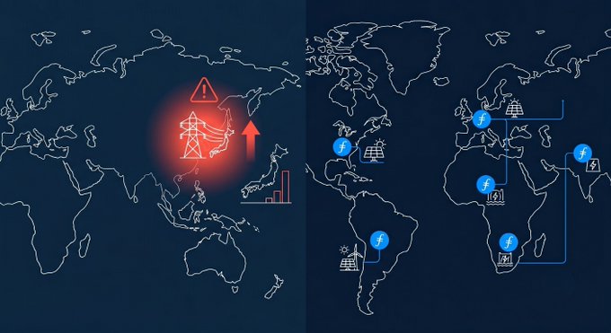 The image shows a world map with two different color schemes representing electricity consumption across various countries. One color scheme represents the global electricity demand, while the other depicts the energy grid's capacity. The map displays that the global electricity demand will exceed 1,000 TWh by 2034 and more than Japan's entire annual energy consumption. This information is related to a post discussing how the grid was not built for this load of electricity, which means that the current infrastructure might struggle to handle the increased demand. The focus on these two color schemes highlights the contrast between the global demand and the existing power grid capacity.