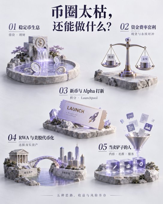 The image is a Chinese crypto-themed infographic titled "币圈太枯，还能做什么?" (The crypto circle is too barren—what else can be done?), featuring five numbered strategies with 3D-rendered illustrations: 01 稳定币生息 (Stablecoin interest), 02 资金费率套利 (Funding rate arbitrage), 03 新币与Alpha打新 (New coin/Alpha launches), 04 RWA与美股代币化 (RWA and US stock tokenization), and 05 当卖铲子的人 (Being the one selling shovels), with the footer noting "五种思路，收益与风险并存" (Five approaches, where returns and risks coexist).