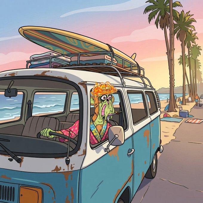 An illustration of a green-skinned witch-like character with an orange hat driving a rusty vintage blue and white VW van with a surfboard on top, set against a beach scene with palm trees at sunset.