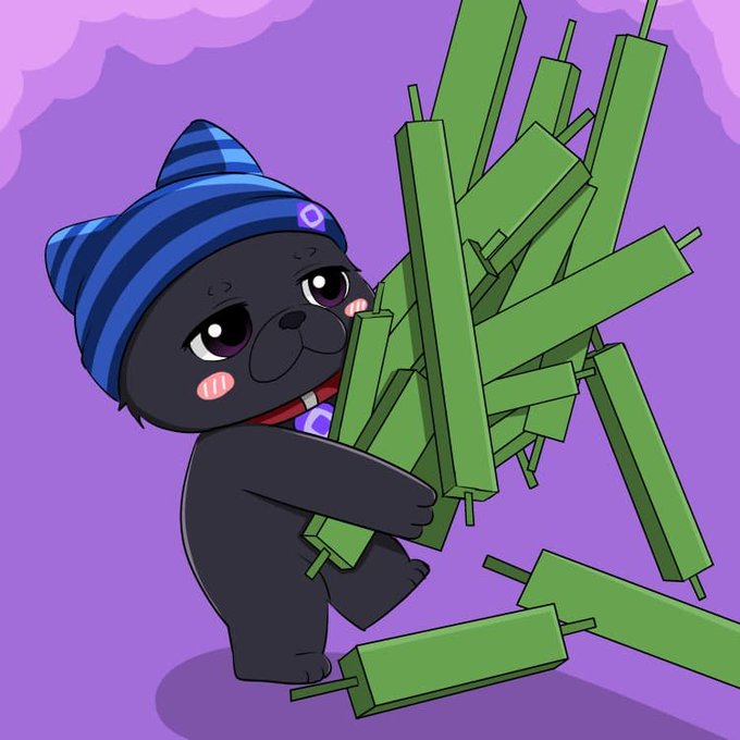 A cartoon black cat with big eyes wearing a blue striped beanie hugs a large bundle of green pixelated sticks on a purple background.
