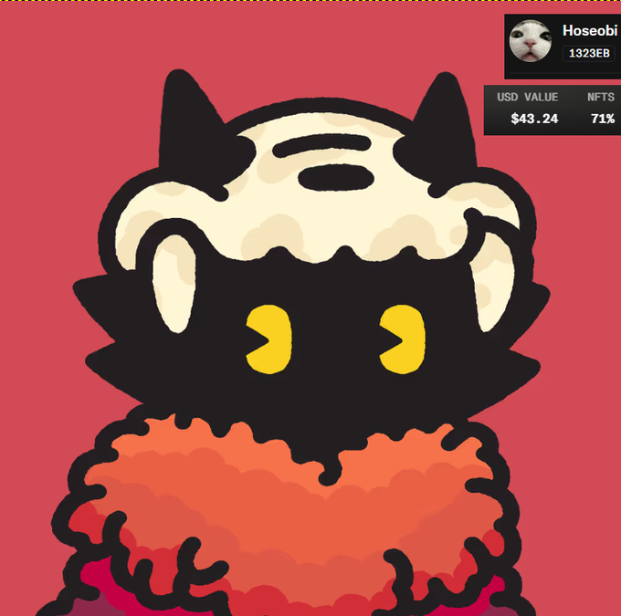 A cartoon black cat character wearing a sheep/cotton-like hood with yellow eyes, with an NFT overlay showing 'Hoseobi' token 1323EB valued at $43.24.