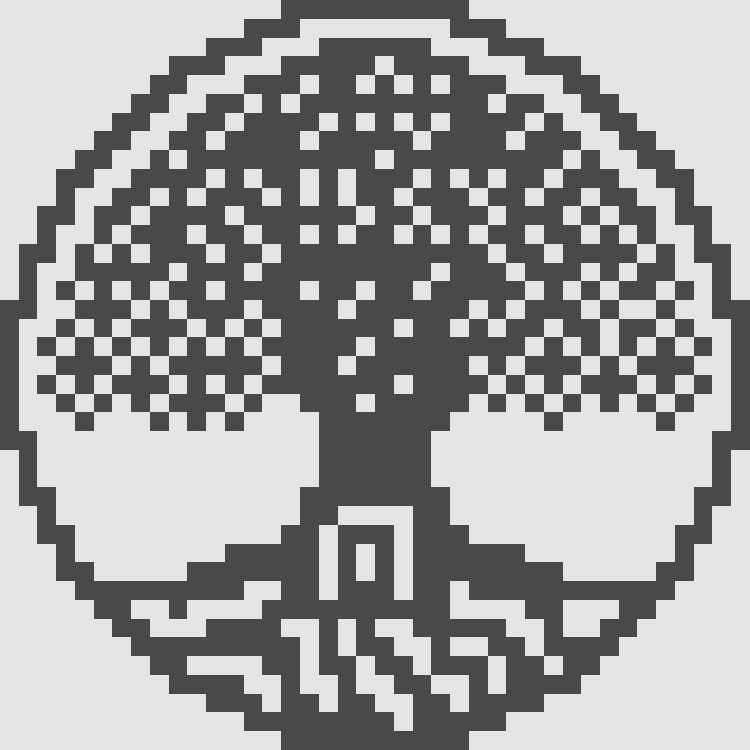 A pixelated black and white illustration depicting what appears to be a stylized human skull or face composed of blocky geometric patterns.