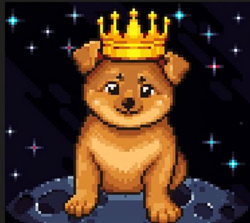 A pixel art image shows a small brown puppy wearing a golden crown, sitting on a dark moon-like rock against a starry night sky background. The image playfully relates to the post about a "Naked $DOG" meme, depicting the crowned puppy as a royal or "king" version of the dog-themed cryptocurrency, fitting the Dog Runestone series theme from June 2024.
