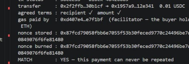 Terminal output showing cryptocurrency transaction details including transfer amounts, gas payment info, nonce stored/burned values, and a 'MATCH' confirmation indicating the payment cannot be repeated.
