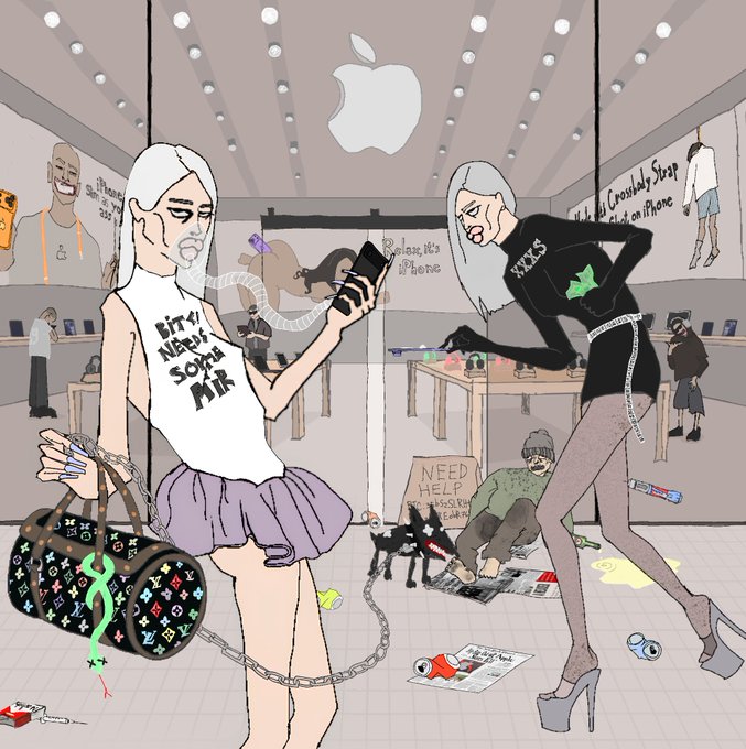 An illustrated scene set inside an Apple store, featuring two stylized women with chains, one wearing a 'Lil Nas X Needs Some Air' shirt and carrying a Louis Vuitton bag, while a homeless man holds a 'NEED HELP' sign in the background.