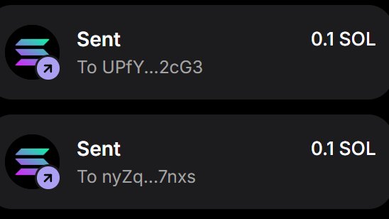 The image displays two transaction notifications showing "Sent 0.1 SOL" to addresses "UPfY...2cG3" and "nyZq...7nxs," visually supporting the post's claim that the user is giving away 0.1 SOL to those who respond with their wallet addresses.