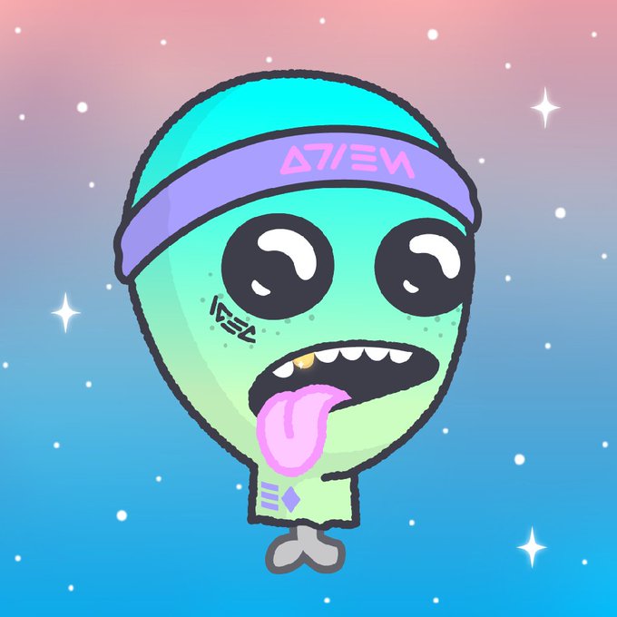 A doodle-style cartoon character with green skin, a purple headband, and a tongue sticking out floats against a pastel blue and pink starry background.