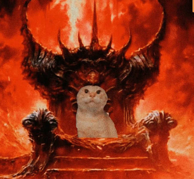 The image is a meme combining a small, wide-eyed white cat superimposed onto the imposing, horned, fire-wreathed throne of the Dark Lord Sauron from *The Lord of the Rings* — replacing the flaming Eye of Sauron with an adorable cat face. It humorously reframes Sauron's menacing declaration "They shall know no fear" as a wholesome call to protect culture and community, with the cute cat undercutting the demonic imagery for comedic effect.