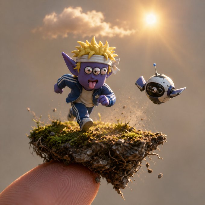 A miniature 3D-rendered figurine of a purple goblin-like character with yellow spiky hair wearing a tracksuit, running on a tiny floating patch of mossy dirt held on a fingertip, accompanied by a small floating robot.