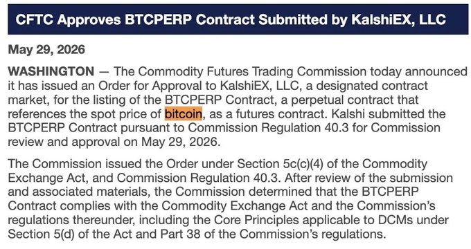 The image shows an email from the Commodity Futures Trading Commission (CFTC) that was sent out by the United States government, stating that they have approved the first regulated Bitcoin perpetual futures contract. The email also mentions a company called Binance.bitmex and another company named BitMEX.