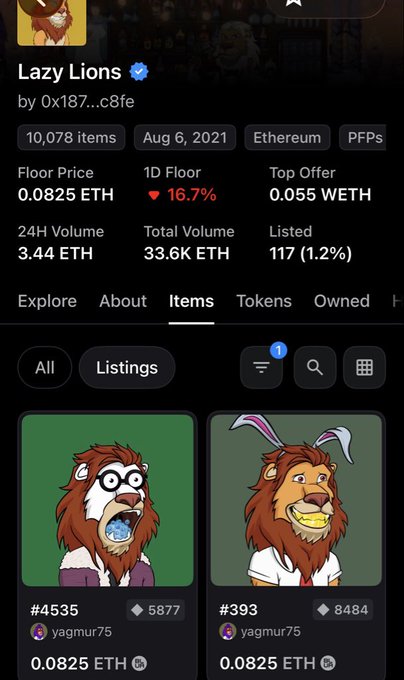 A screenshot of the OpenSea NFT collection page for 'Lazy Lions', showing a floor price of 0.0825 ETH, and listing two cartoon lion PFPs (#4535 and #393).