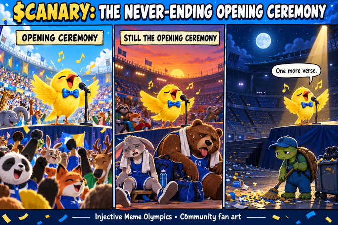 A three-panel cartoon meme titled '$CANARY: THE NEVER-ENDING OPENING CEREMONY' depicting a yellow bird mascot singing at an event, labeled as 'Injective Meme Olympics - Community fan art'.