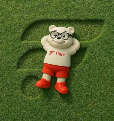 3D-rendered mascot character for 'Flare' — a white bear wearing black-rimmed glasses, a white t-shirt with the orange Flare logo, red shorts, and red shoes — lying on green grass with a question mark shape mowed into the background.