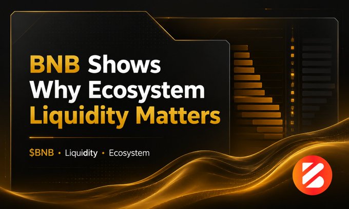 A YouTube thumbnail-style graphic with bold text 'BNB Shows Why Ecosystem Liquidity Matters' on a dark background with orange audio-wave accents, tagged '$BNB · Liquidity · Ecosystem.'