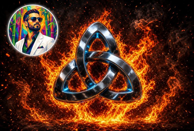 A fiery promotional graphic for Metric’s Amulet DEX features a metallic interlocking triangular logo amid flames, with a circular portrait of a man in sunglasses at upper left. The accompanying post references the new DEX at app.metric.xyz/r/amulet and reports $15.9 billion in all-time volume and $4.4 billion in 30-day volume.