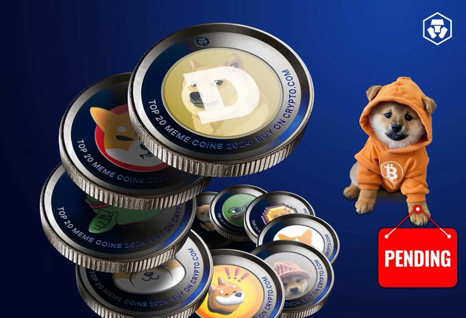 A promotional graphic featuring stacked physical meme coins labeled 'TOP 20 MEME COINS 2024 BUY ON CRYPTO.COM' with a Shiba Inu dog wearing an orange Bitcoin hoodie and a red 'PENDING' sign.