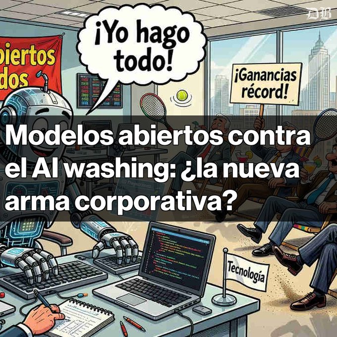 A cartoon depicts a robot at a laptop with speech bubbles reading "¡Yo hago todo!" (I do everything!) and "¡Ganancias récord!" (Record profits!), alongside businessmen lounging with tennis rackets, overlaid with the Spanish headline "Modelos abiertos contra el AI washing: ¿la nueva arma corporativa?" (Open models against AI washing: the new corporate weapon?). The image satirizes AI washing—corporations claiming AI drives record earnings while workers (human or robotic) do the actual labor—tying into the post's discussion of Palantir's $1.94B revenue surge, Apple's lawsuit against OpenAI, and Alibaba's open-weight Qwen 3.8 Max model.